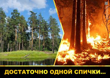 Плакат предупреждает об опасности открытого огня в лесу, при котором достаточно одной спички, чтобы возник пожар, а нем может погибнуть лес и его обитатели